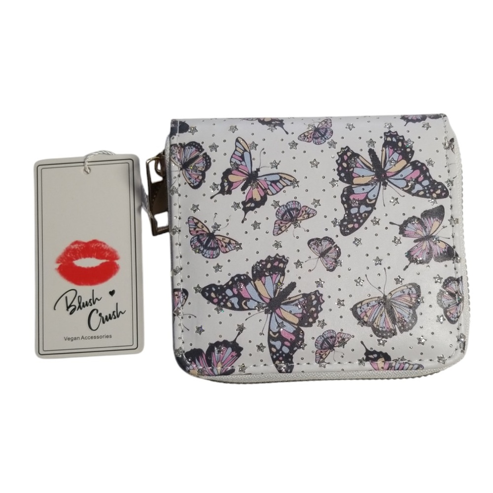 Blush Crush Butterfly Sparkle‎ Zipper Vegan Wallet 4.5"L x 4”H